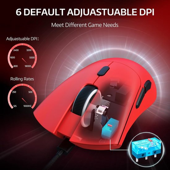 ATTACK SHARK R1 Superlight Gaming Mouse 59g - Rouge - 12.2 × 6.4 × 3.8 cm - Sans fil et filaire - Jusqu'à 18 000 DPI - 65 heures d'autonomie de la batterie