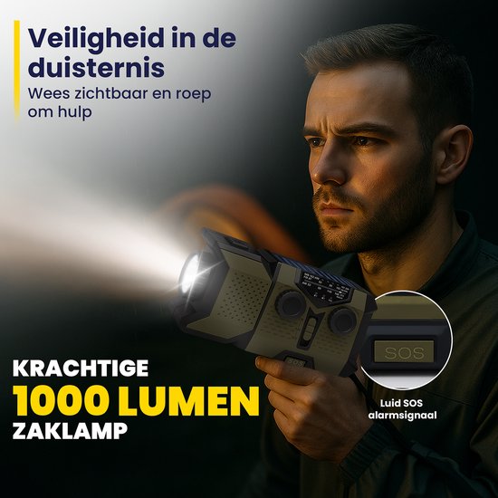 ODESSEY Radio d'urgence solaire rembobinable - 2000 mAh Powerbank - Lampe de poche - Radio portable - Kit d'urgence
