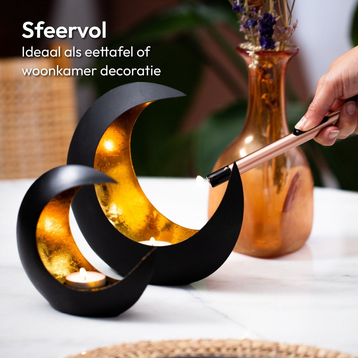 Gadgy Porte-lampes Lune - Porte-lampes - Lot de 2 : 15 cm et 21 cm - Noir / Or - Métal