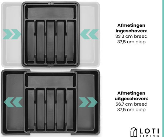 Loti Living Range-couverts - Organisateur coulissant pour tiroir à couverts - Plastique - Noir - Réglable de 33,3 à 56,7 cm de large - 38 cm de profondeur