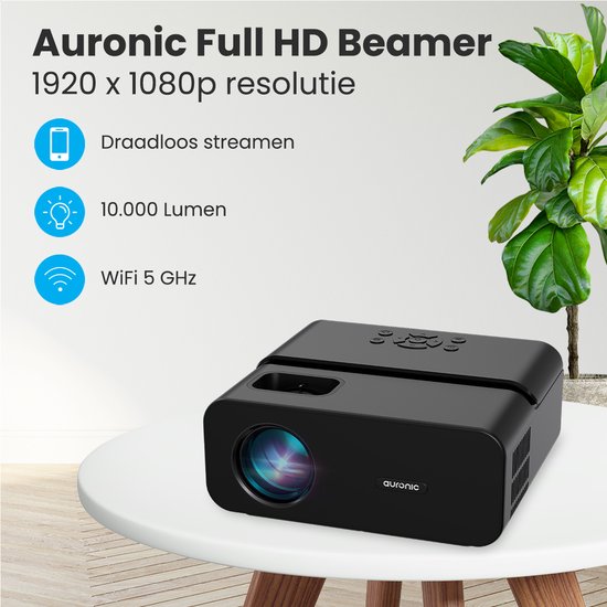 Auronic Beamer 10 000 lumens - 1080p Full HD - Diffusion depuis votre téléphone - Wi-Fi - Mini-projecteur intelligent - Câble HDMI - Télécommande - Noir