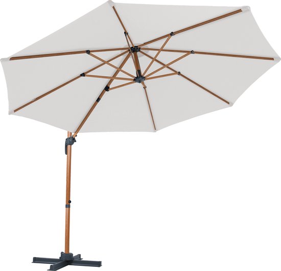 Parasol suspendu AXI Marisol Ø 300 cm, aspect bois/beige, housse incluse – Armature en aluminium thermolaqué avec pied en croix – Rotation à 360° – Inclinable – Toile anti-UV
