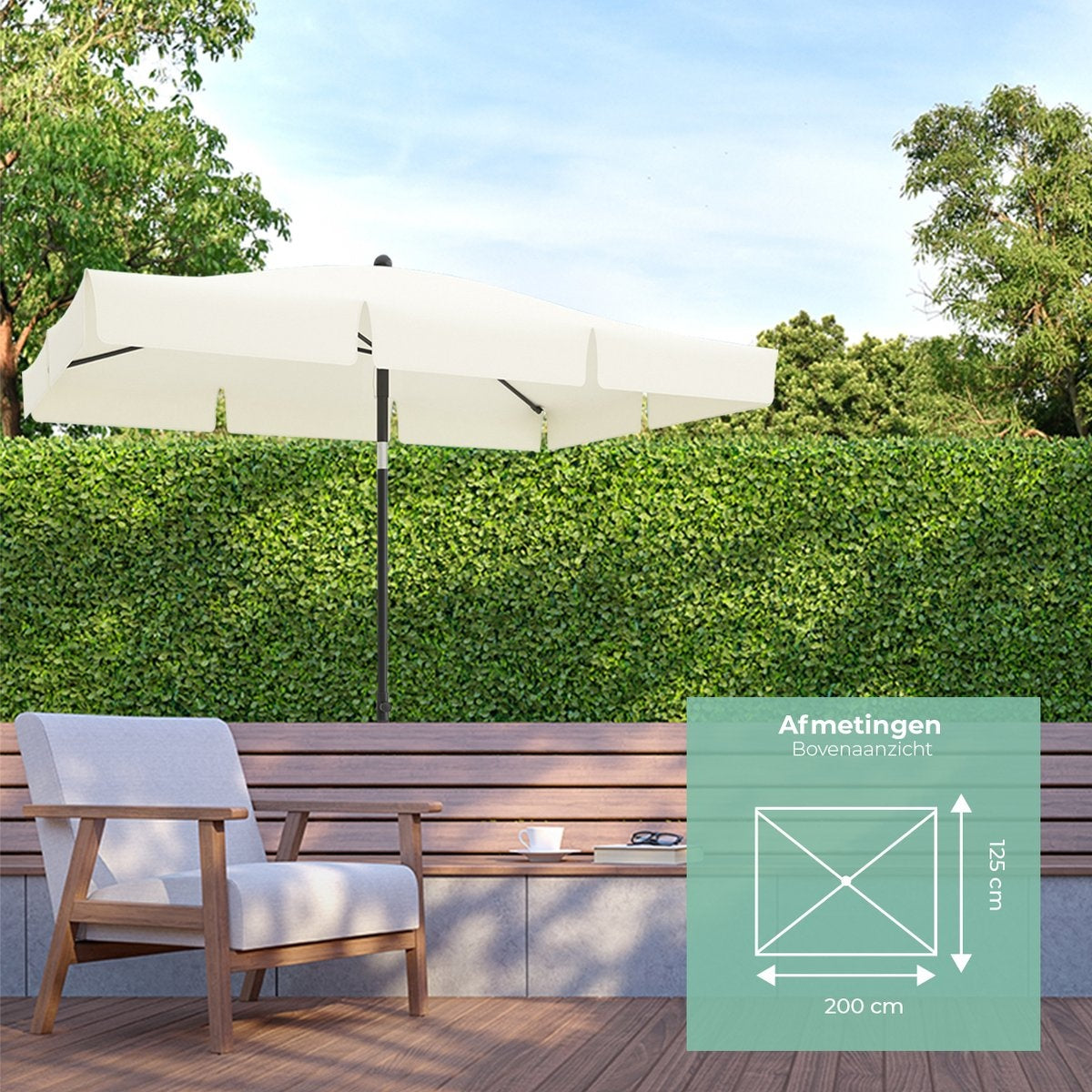 LifeGoods Parasol - 200x125cm - 30° inclinable - Imperméable - Avec housse - Couleur crème
