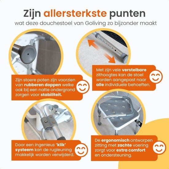 Chaise de douche réglable Goliving - Accoudoirs et dossier amovibles - Tabouret de douche avec support de pommeau de douche - Antidérapant - 3,2 kg - Hauteur 70-84 cm - Blanc