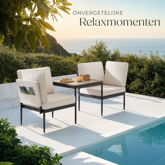 tectake® - Magaluf lounge set - Salon de jardin 5 en 1 avec structure en aluminium - 2 fauteuils de jardin et 1 table basse - Peut être utilisé comme chaise longue, banc d'angle ou banc de jardin 2 places - Coussins inclus - Set de balcon 2 personnes