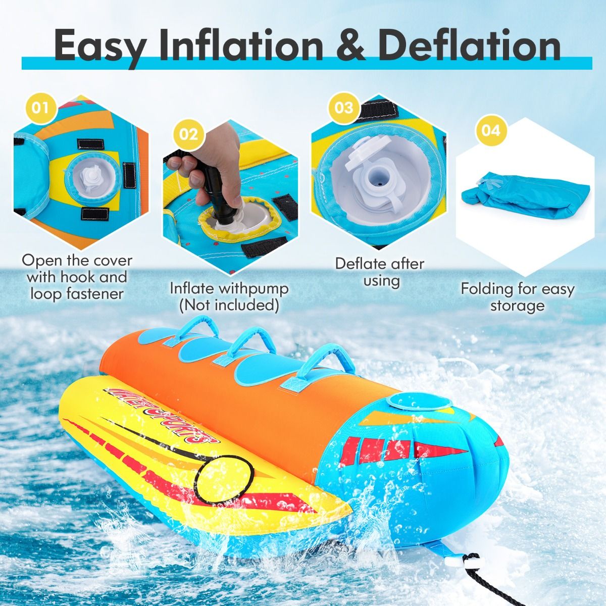 Bateau banane gonflable Coast pour 3 personnes - Orange/Jaune - 252 x 108 x 51 cm