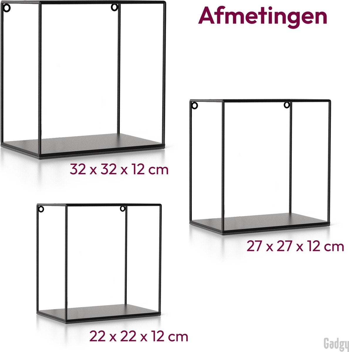 Gadgy Wandrekken Industrieel - Set van 3 - Vierkant Wandrek Zwart - Wanddecoratie Woonkamer - Muurdecoratie Metaal - Wandplank zwevend voor Slaapkamer - 32, 27 en 22 cm