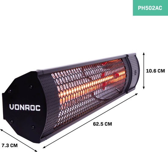 Radiateur de terrasse ambiance – VONROC - Marsili 2000W – Haute rendement – Lampe à faible éblouissement – 2 niveaux de chaleur – Avec télécommande