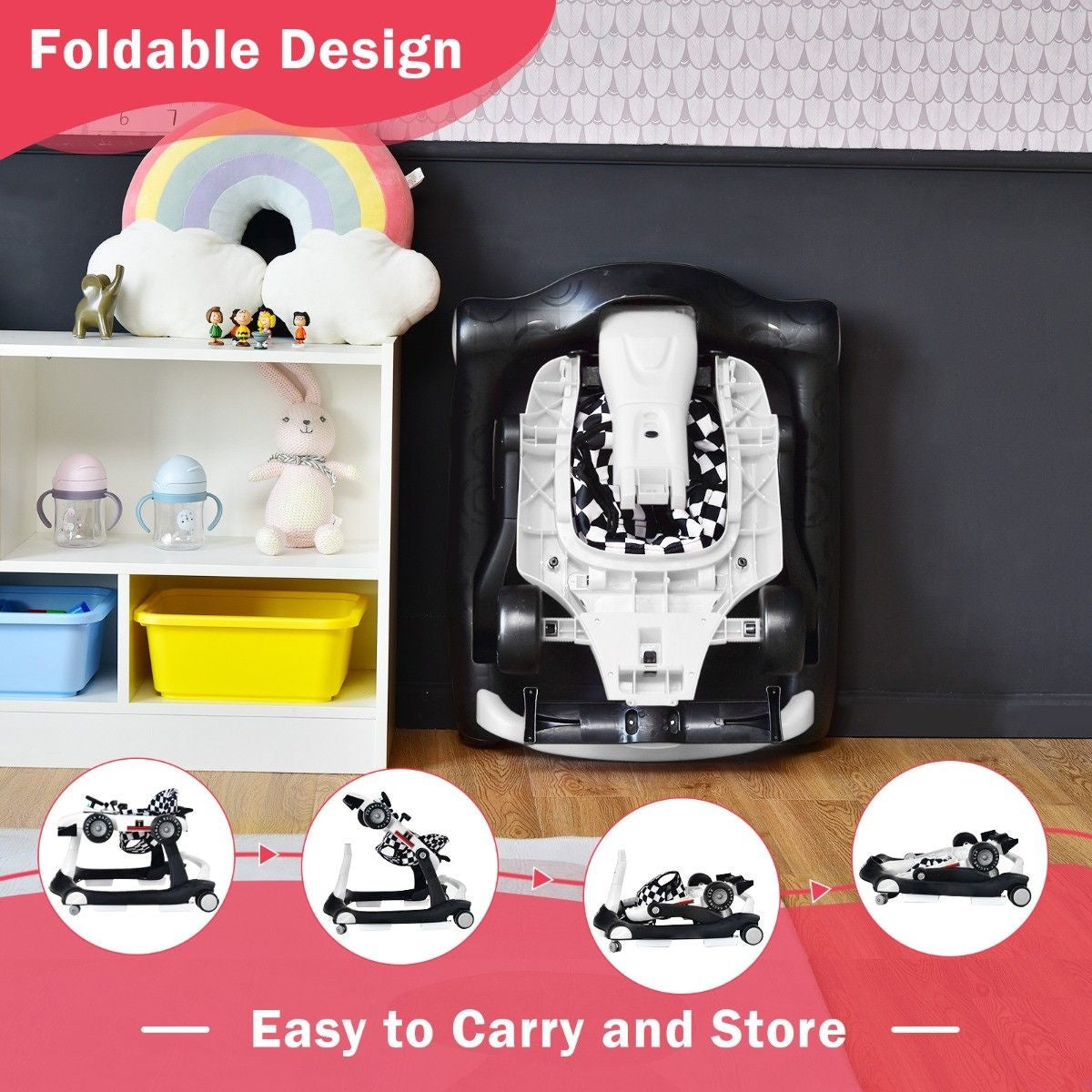 Poussette 4-en-1 avec hauteur et vitesse réglables Chariot pour bébé avec patins antidérapants Poussette pliable Noir/jaune/bleu/gris/blanc/rouge