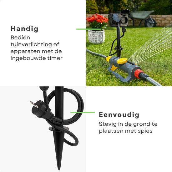 Cheqo® Prise de jardin avec minuterie - 2 prises - Noir - Prise d'extérieur - Fonction minuterie - Utilisation en extérieur - Branchement électrique - Accessoires de jardin - Idéal pour Noël