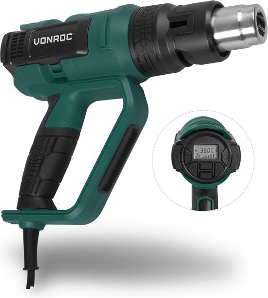 VONROC PRO Pistolet à air chaud - 2000W - Ecran LCD - 650°C - 500L/min - Accessoires inclus