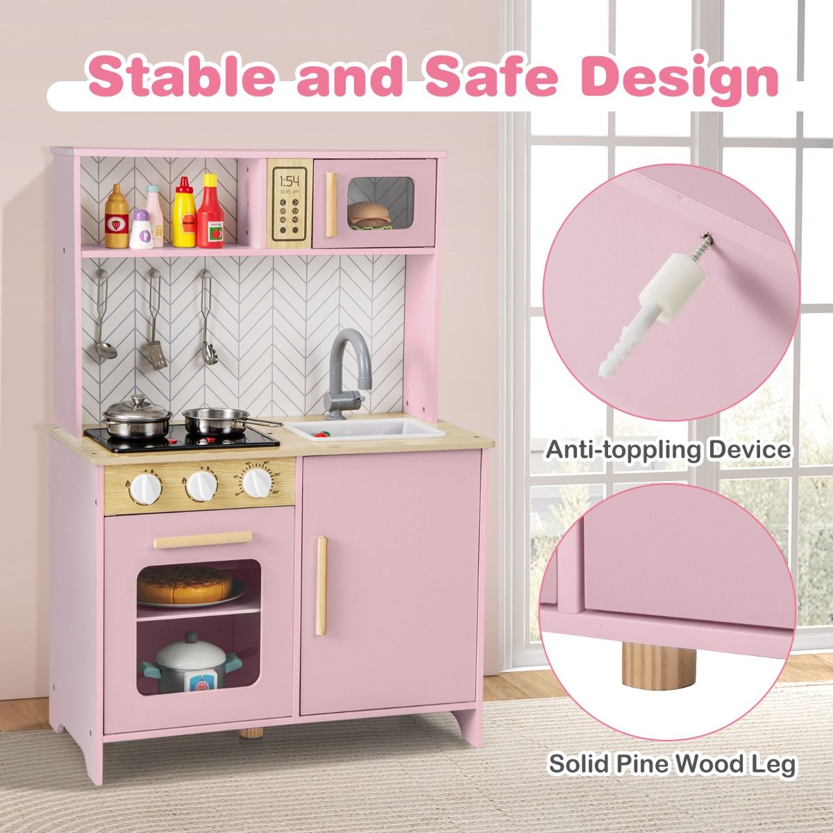 Cuisine jouet en bois Coast pour enfants - lumières et sons - micro-ondes et four - rose