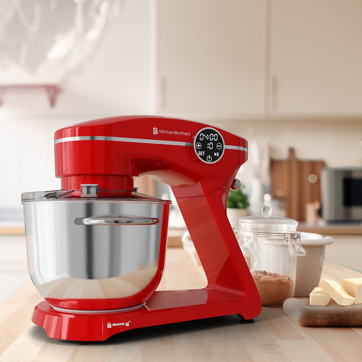 KitchenBrothers Robot de cuisine - Affichage tactile et minuterie - Robot de cuisine - 6L - 1800W - Aluminium - Rouge