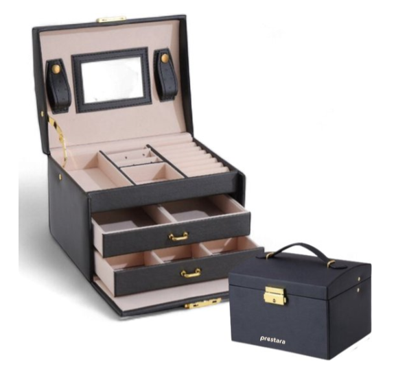 Ceruzo Boîte à bijoux avec miroir -Boîte à bijoux- Noir-Cuir PU-3 couches-Dimensions compactes-17.5 x 14 x 13 cm-Boîte à beauté