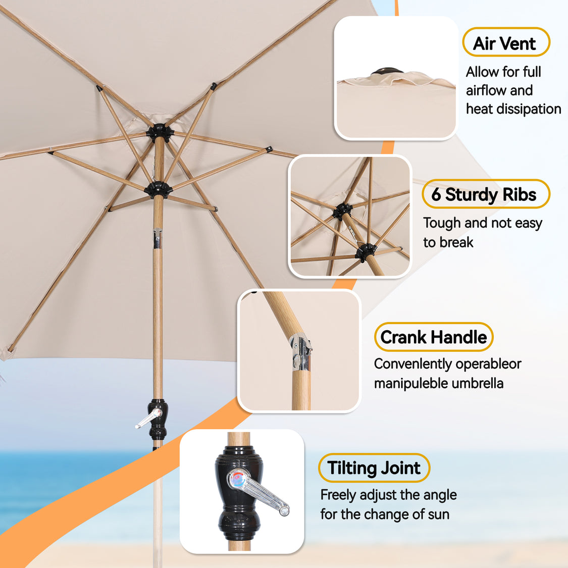 Parasol Angel Living Ø 300 cm - Parasol de jardin rond inclinable avec manivelle - Aluminium et polyester - UV50+ - Hydrofuge - Jaune crème