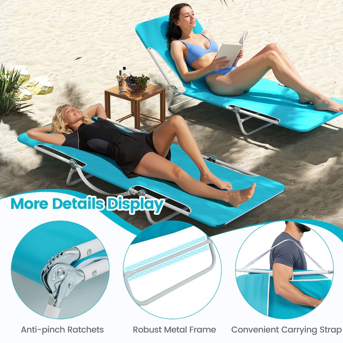 Chaise longue pliable Coast en 2 parties - Réglable sur 5 positions - Bleu - 186 x 55 x 30 cm