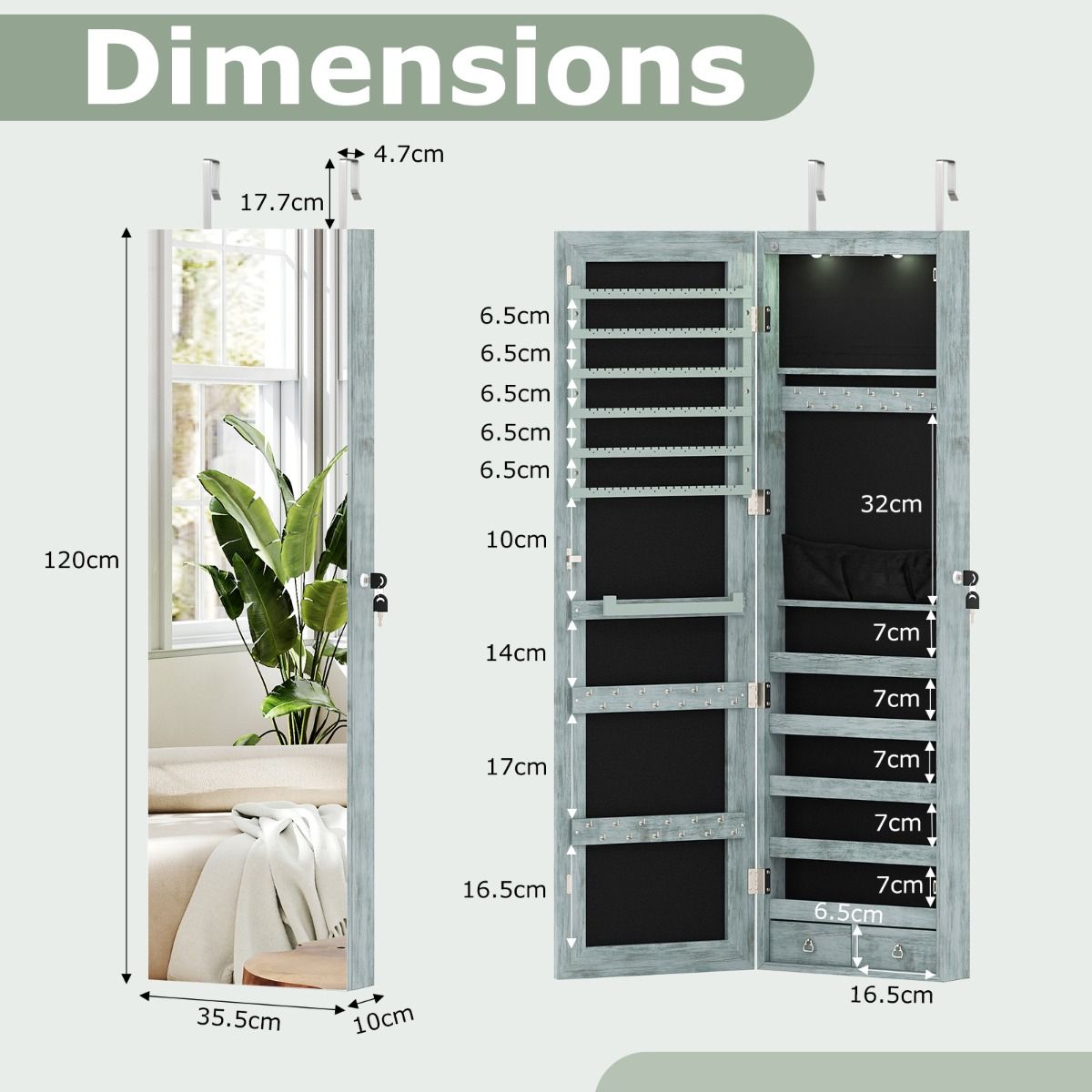 Coiffeuse Coast avec éclairage LED - miroir verrouillable - plateau de maquillage rabattable - vert - 120 x 35,5 x 10 cm