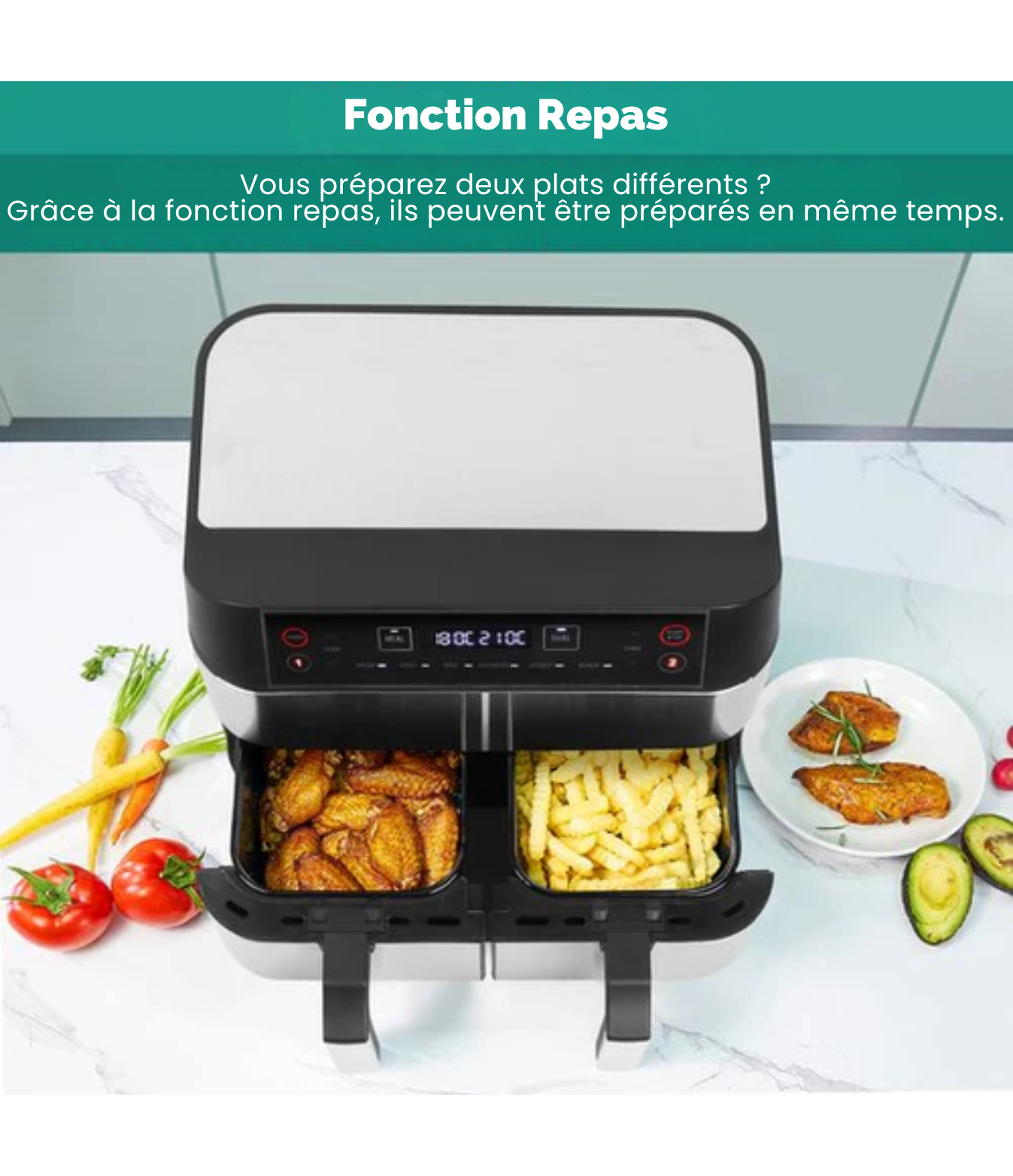 Airfryer Double XXL - Niceey - Friteuse sans huile - 2 compartiments de cuisson - 8L - 2460 Watt - Livre de recettes inclus - Argent