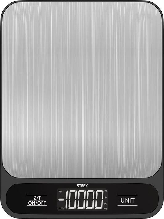 Balance de Cuisine Digitale Strex - Balance de Cuisine - 1 g à 10 kg - Fonction Tare - Piles Incluses - Inox/Noir