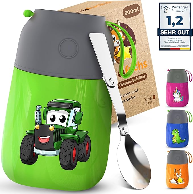 Funkelfuchs® Thermo cup pour aliments pour enfants - 500ml, green trigger - 100% étanche - chauffe aliments en acier inoxydable - thermo cup food - thermo lunch box kids - baby food warmer