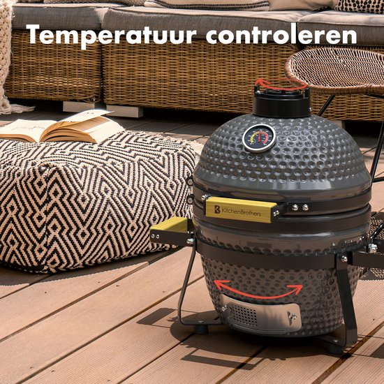 KitchenBrothers Kamado BBQ - 13 Inch Charcoal Barbecue - 27⌀ cm - PFAS-free - Deluxe Set - Egg BBQ with Accessories including Cover - Grey (en anglais)