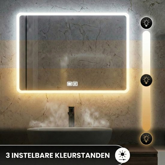 Bayt Miroir de salle de bain - Miroir de salle de bain avec éclairage - Miroir mural - 3 positions LED - Anti-buée - 75x52 cm