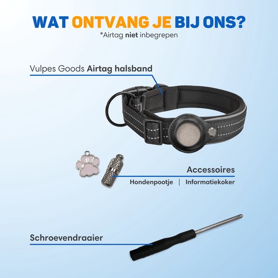 Vulpes Goods® Pets - Collier pour chien compatible avec l'Apple AirTag - Collier Apple AirTag pour chiens Pro - Sûr, léger, réfléchissant et confortable - Résistant aux rayures et à l'eau - 2 accessoires inclus - 36-44 cm - M
