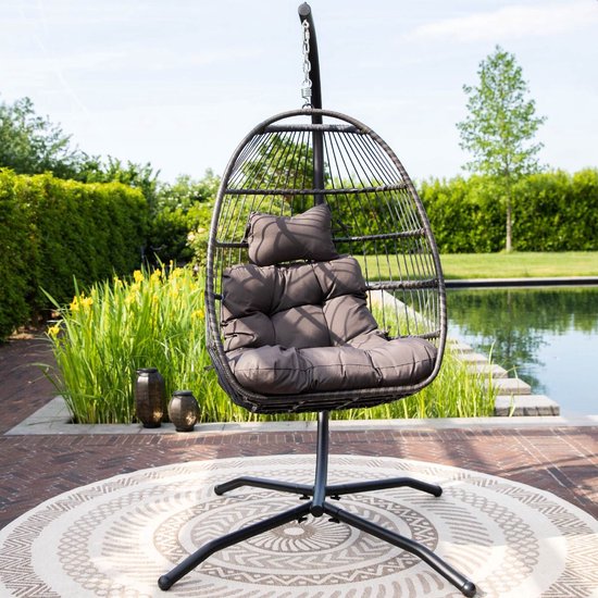 Vita5 Egg Hanging Chair - Intérieur et extérieur - Chaise cocon - avec support - jusqu'à 150kg - pliable - coussin inclus - brun foncé