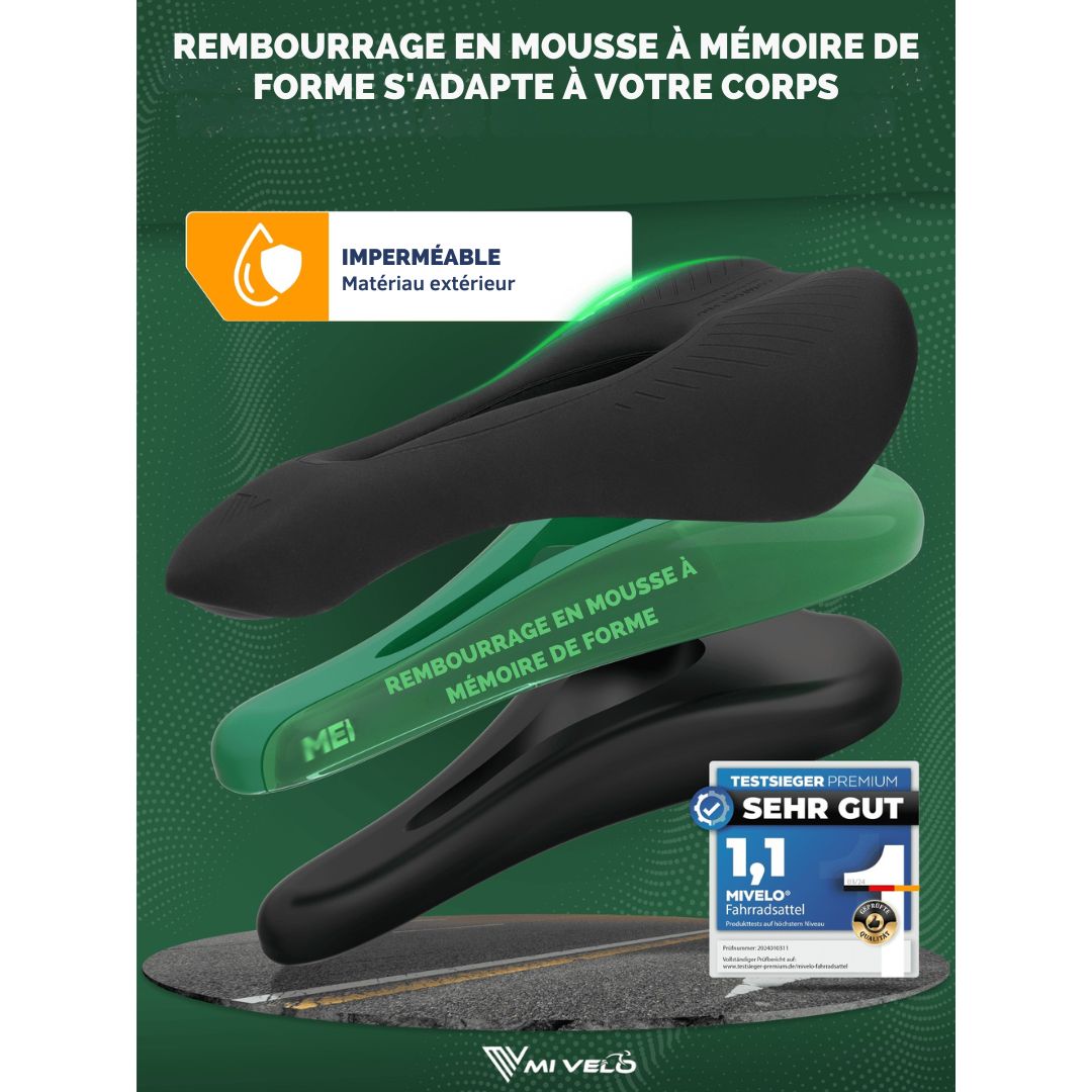 Selle de vélo - MIVELO Comfort Pro - Ergonomique - Mousse à mémoire de forme - Imperméable - 28 x 14 cm - Noir