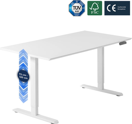 Backerz Bureau électrique assis-debout 160 x 80 cm - Bureau en mélamine blanche avec pieds blancs et fonction mémoire