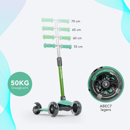 Trottinette LifeGoods pour enfants - 2 à 5 ans - 3 roues lumineuses à LED - Hauteur réglable - Garçons/Filles - Vert menthe