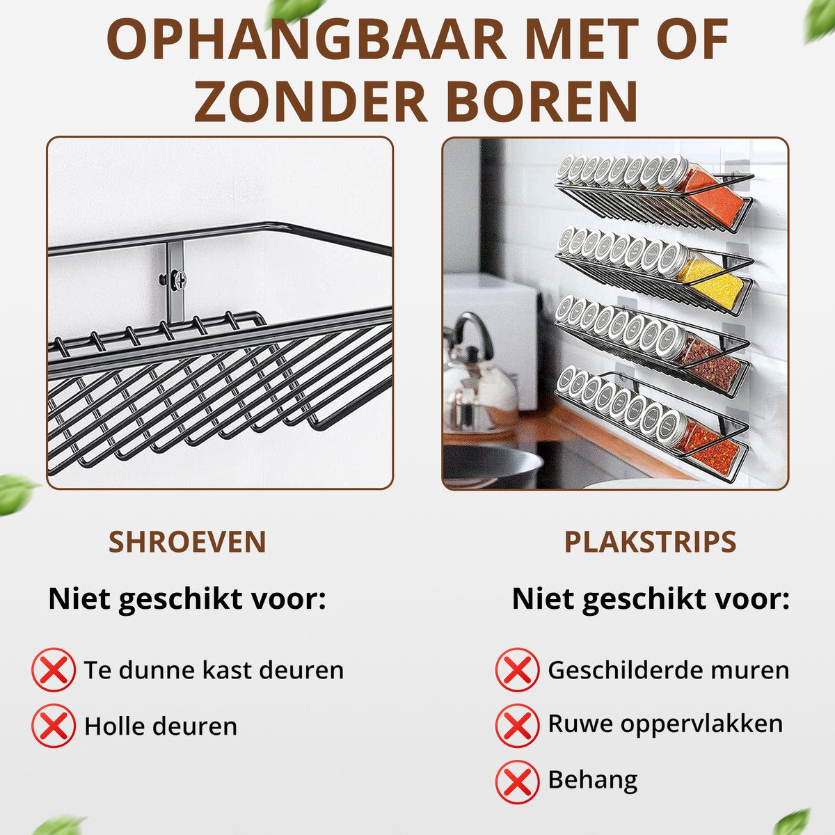 SV Living Support à épices noir 37,3x11,9x6 cm - 32 pots à épices en verre avec accessoires - à suspendre avec ou sans perceuse