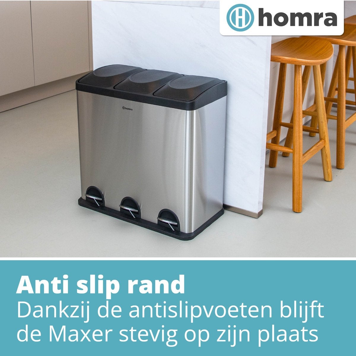 Poubelle 3 compartiments - Homra MAXER - Poubelle 60 litres (3x 20L) - acier inoxydable - Argenté
