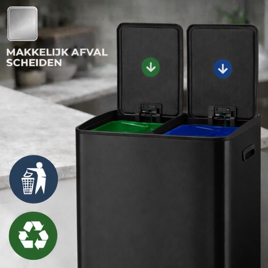 Bayt Poubelle - Poubelle 60 litres (2x30) - Poubelle 60 litres - Poubelle à pédale 60 litres - Poubelle Séparation des déchets - Poubelle 2 compartiments - Poubelle - inox - Noir/Argent
