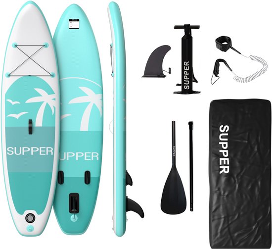 Supper Sup Board - Max. 120KG - Gonflable - Planche à pagaie - Pompe - Aileron - Leash - Sac de transport - 285 x 76 cm - Turquoise
