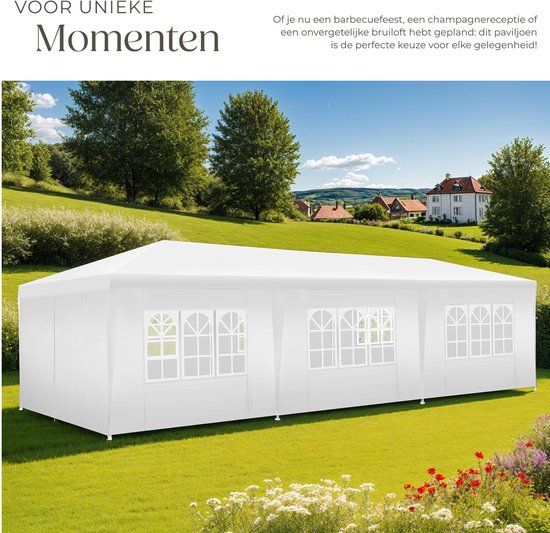 tectake® Pavillon Miramas - Tente de réception 9x3 m - Blanc - 8 panneaux latéraux amovibles - Pavillon de jardin résistant aux UV et à l'eau - Lignes de tension et piquets inclus - Auvent
