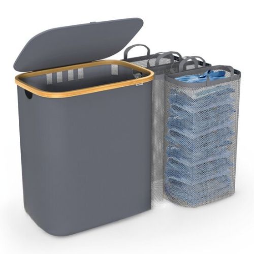 Panier à linge Dymac, 145 Litres, 3 compartiments, Trieur de linge en bambou, Avec 3 sacs à linge amovibles, Gris