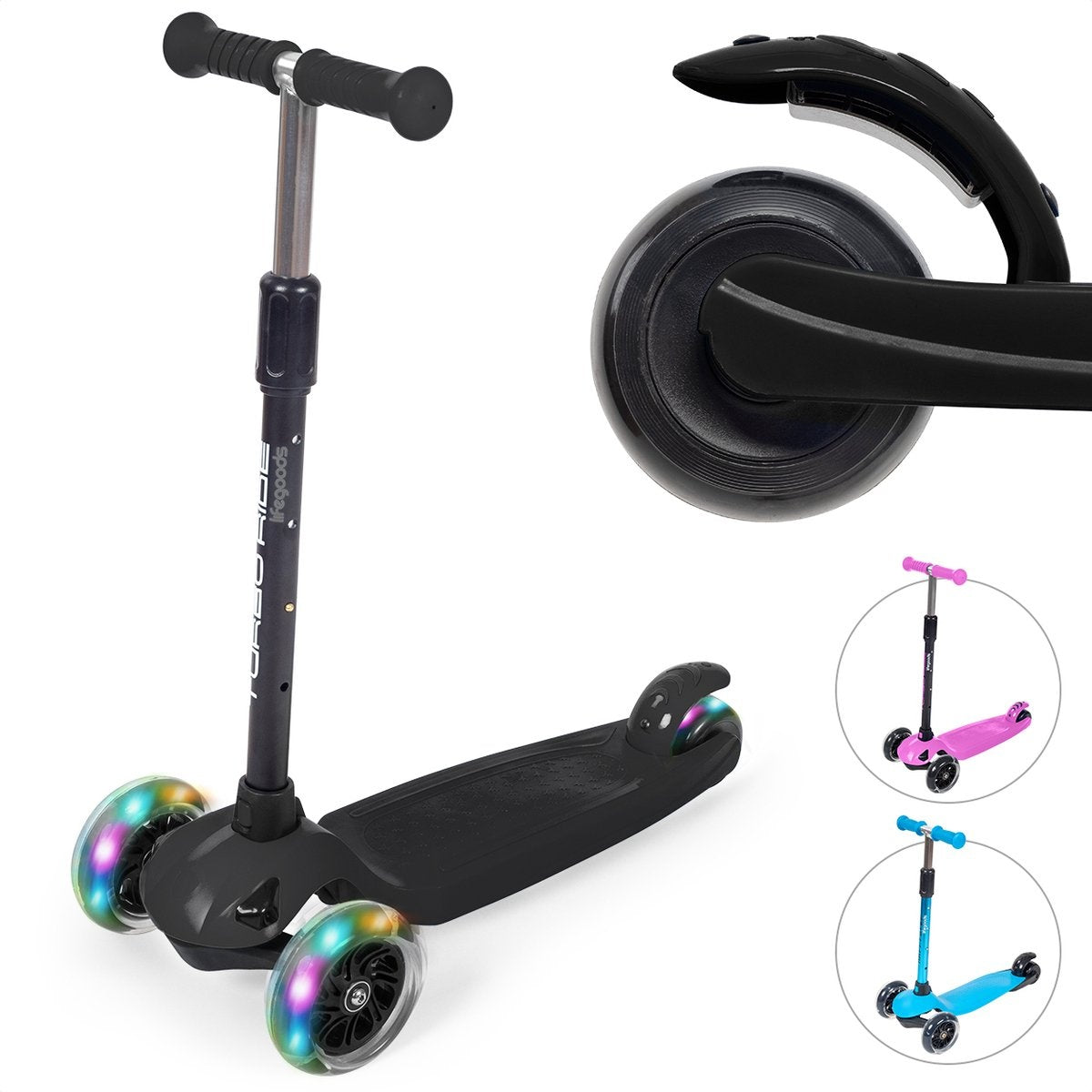 LifeGoods TurboRide Kids' Scooter - Step 5-8 Years - 3 Luminous Wheels - Boys/Girls - Black