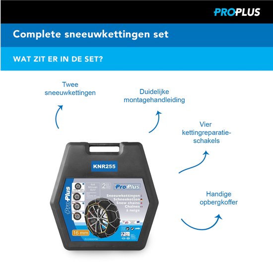 Chaînes à neige ProPlus - KNR255 - Maillons en acier de 16 mm - Label de qualité Önorm - Sécurité - Pneus - Installation rapide et facile - Compatibles avec différentes tailles de pneus - Maillons de réparation et mallette inclus - Lot de 2 - Véhicule 4x4