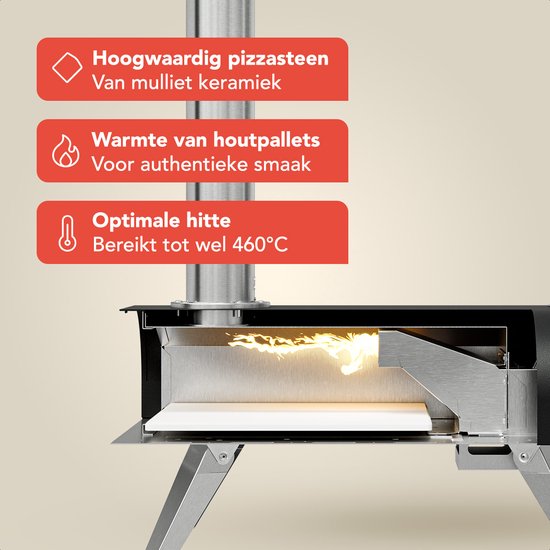 KitchenBrothers Four à Pizza - Au feu de bois - Modèle de table - Pliable - Sans PFAS - Pierre à pizza - jusqu'à 460°C - Pizzeria - Set complet - Four à Pizza d'extérieur - Noir/RVS