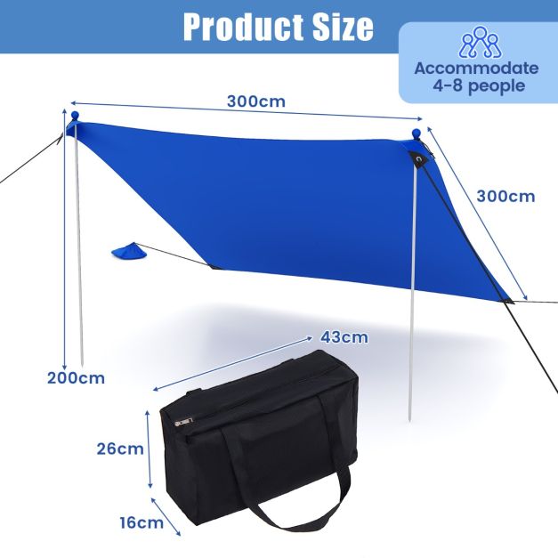 Tente de plage Coast - Portable - Anti-UV - UPF50+ - 300x300cm - Bleu