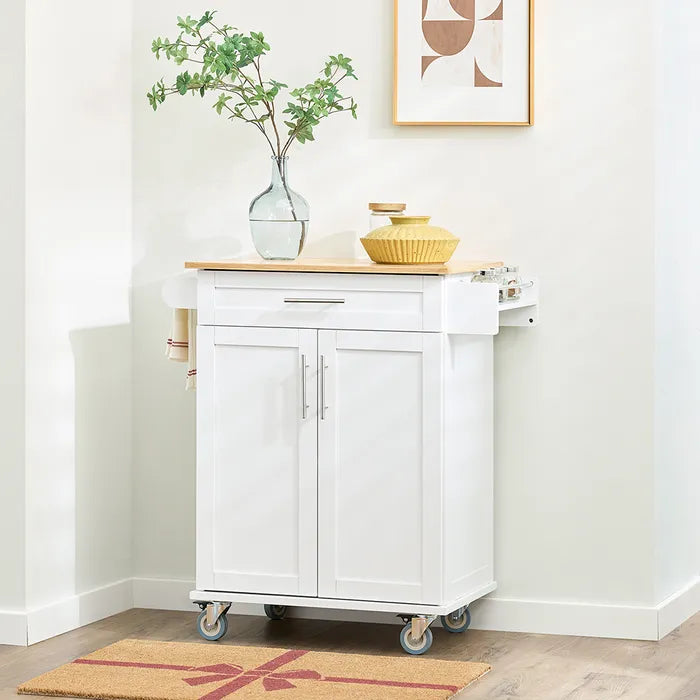 Chariot de cuisine blanc/bambou - 83 x 46 x 91 cm - Avec tiroir et roulettes