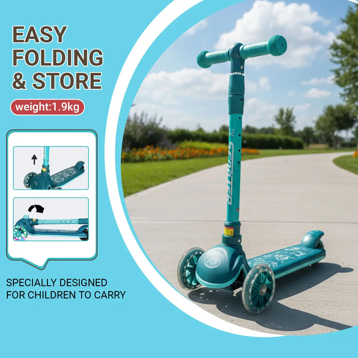 Trottinette pour enfants Neuleb KS004 - Verte - 3 roues avec éclairage LED - Pliable - Guidon réglable - De 3 à 10 ans