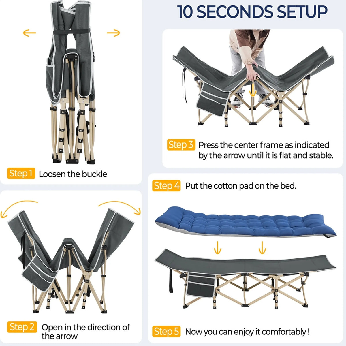 Yaheetech Lit de Camping Pliable 150 kg - Comprend un matelas souple et des compartiments latéraux ainsi qu'un sac de transport - Pour le camping et le bureau - Gris et Bleu 600D Oxford et Métal - 191 x 67 x 56 cm