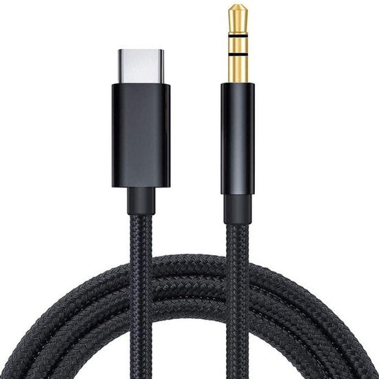 Câble JUALL USB-C vers AUX - USB-C vers prise jack 3,5 mm - Câble audio pour voiture - AUX vers USB-C - 1 mètre - Tressé noir