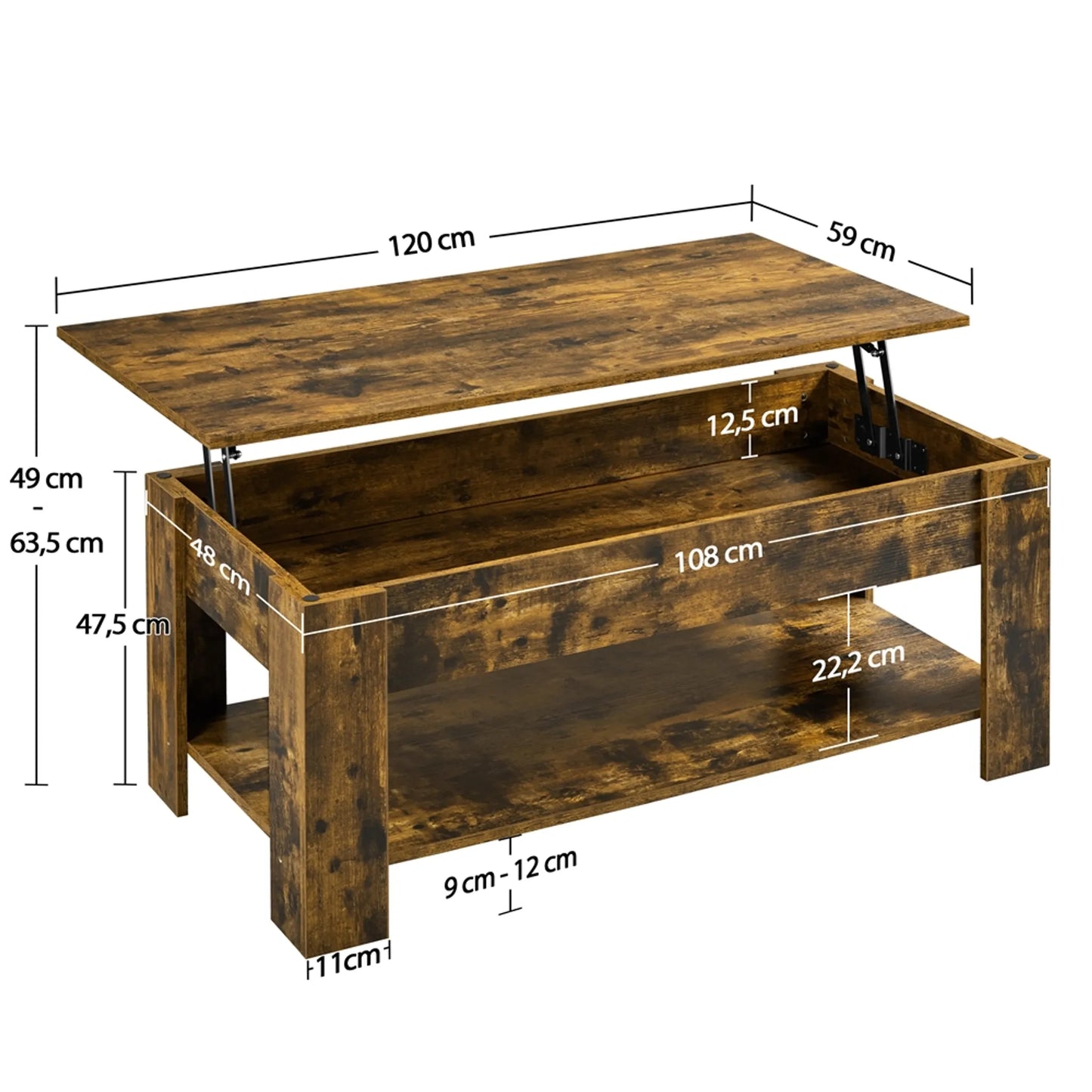 Yaheetech Table Basse avec Fonction Lift-Top - Avec Rangement Caché et Dégagement Inférieur Réglable et Mécanisme à Ressort - Pour Salon et Bureau - Mdf Marron Rouille et Métal - 120 x 59 x 49.5-62.5 cm