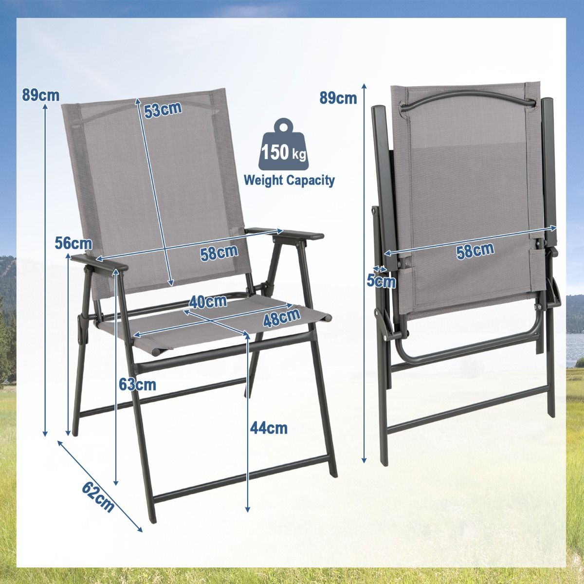 Lot de 4 chaises de jardin pliantes Coast - dossier haut - ergonomiques - grises