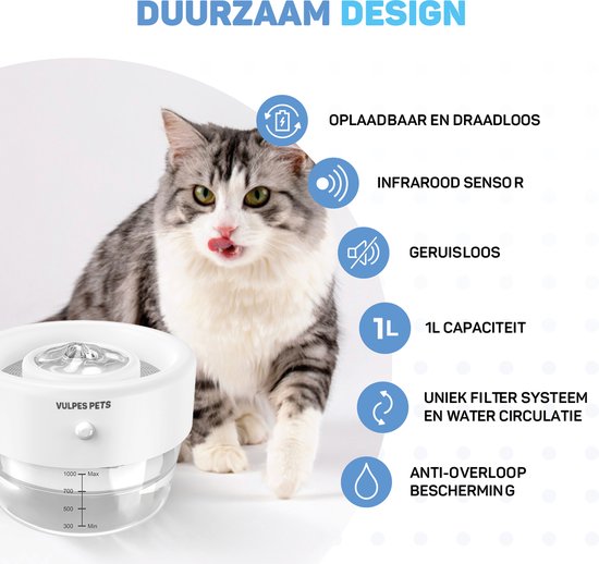 Vulpes Goods® Pets - Abreuvoir pour chat et chien - Abreuvoir sans fil pour chat - Abreuvoir et fontaine à eau pour chat - Rechargeable, portable et sans fil - Abreuvoir pour chien - Anti-déversement - Version PRO