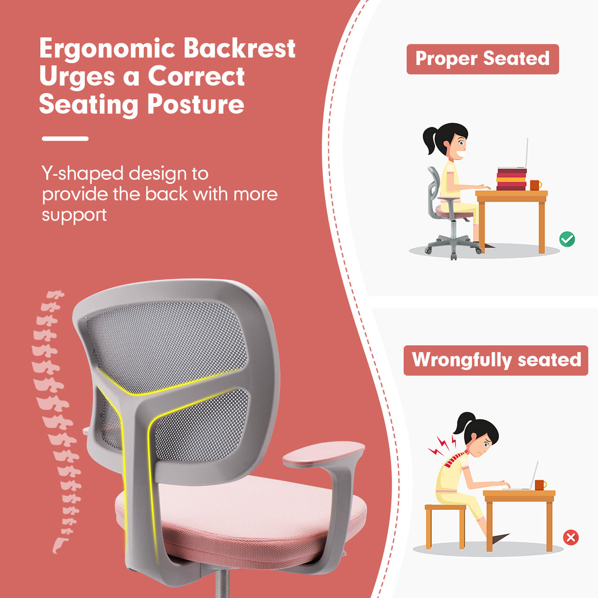 COAST Chaise de bureau pour enfant - Réglable en hauteur - Pivotant à 360° - Avec accoudoirs et dossier - Pour les enfants de 3 à 10 ans - Rose