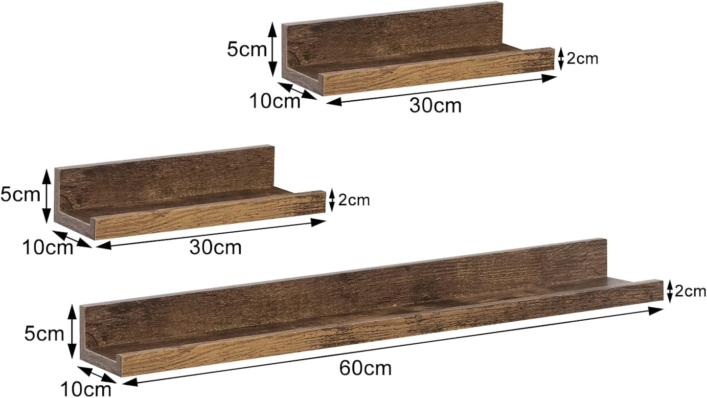 Woltu RG9491HOV Etagères murales Lot de 3 - 60 x 10 x 5 cm - Vintage Brown - Etagères flottantes pour photos avec bord surélevé